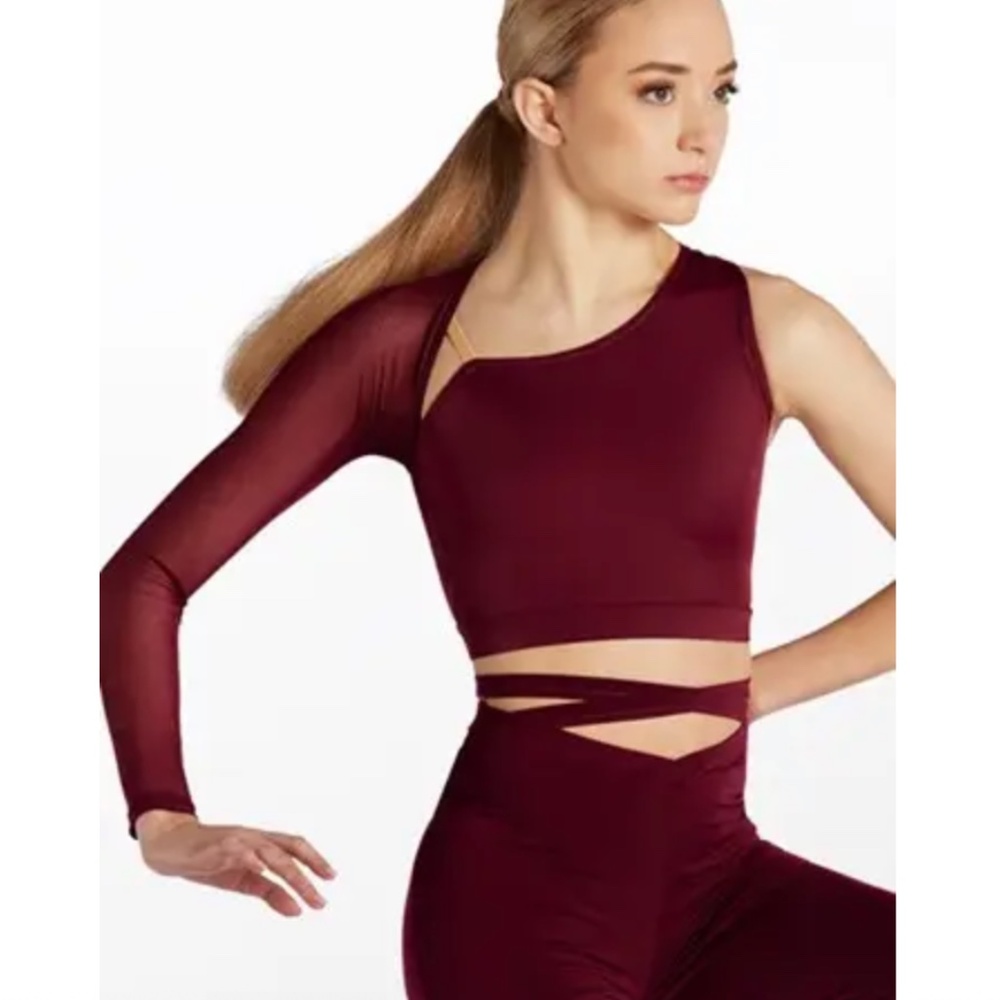 Maroon Balera mesh skirt with briefs and Mesh one sleeve crop top MC